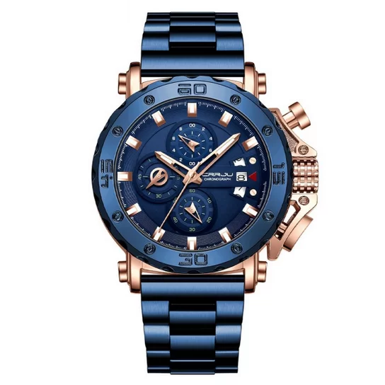 Relógios Masculinos CRRJU - Pulseira de Aço Inoxidável de Luxo em Azul Duplo