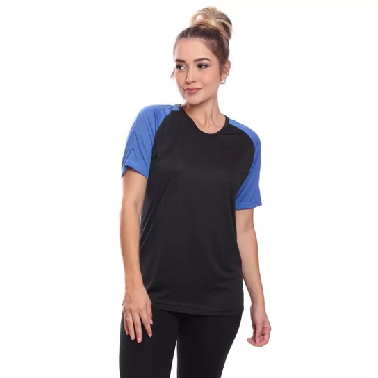 Camiseta Azul Feminina Raglan Dry com Proteção Solar UV para Treino, Academia e Ciclismo.
