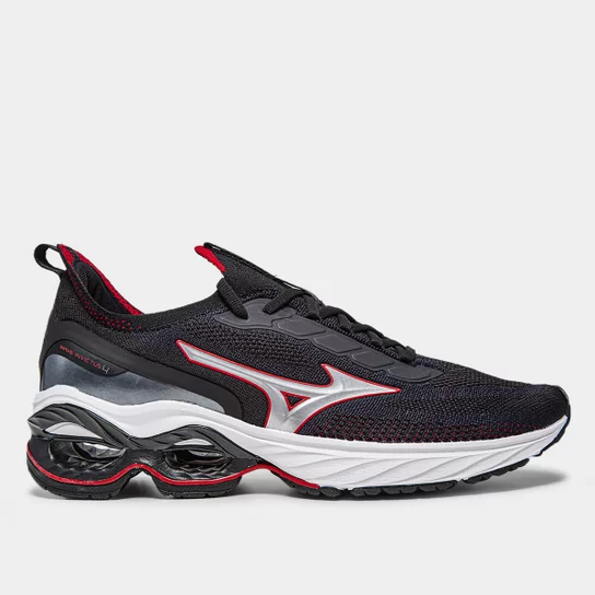 Tênis Mizuno Wave Invictus 4 Masculino - Elegância em Preto com Detalhes em Vermelho para Destacar-se sem Concessões