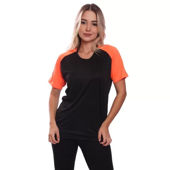 Camiseta Feminina Laranja Raglan Dry com Proteção Solar UV para Treino, Academia e Ciclismo.