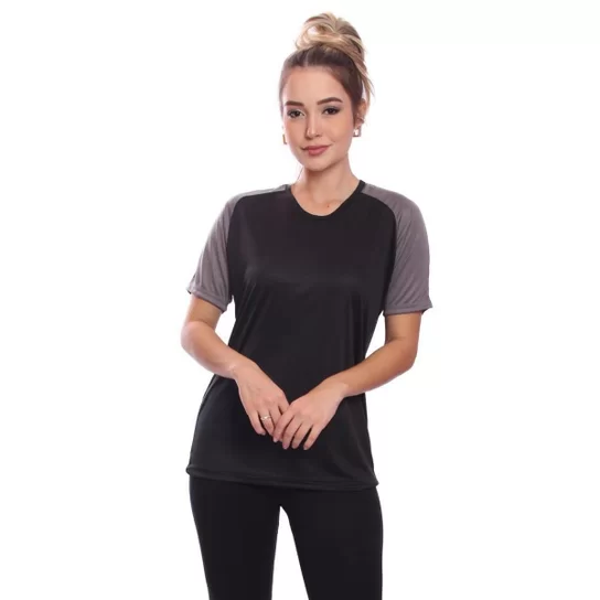 Camiseta Cinza Feminina Raglan Dry com Proteção Solar UV para Treino, Academia e Ciclismo.