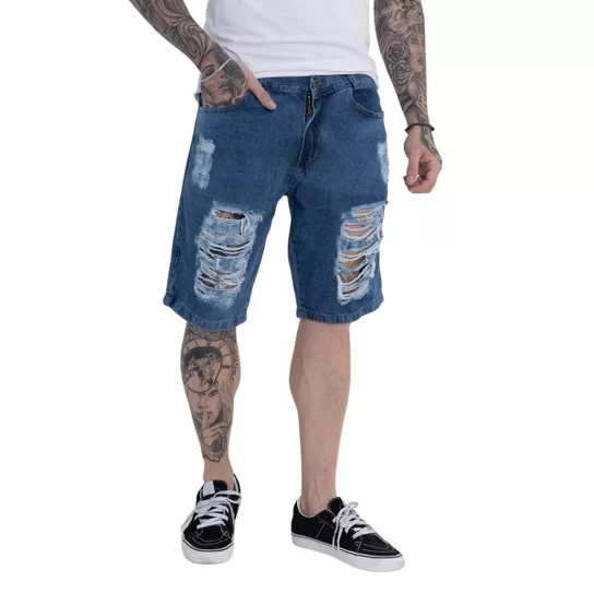 Bermuda Masculina Jeans Rasgada Destroyed Confortável - Azul Casual