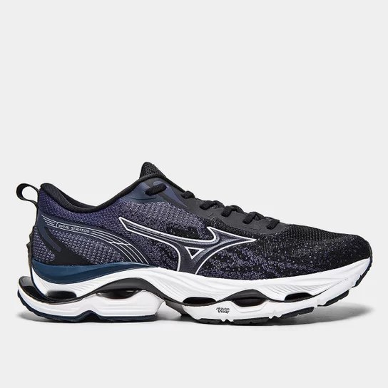 Tênis Mizuno Wave Stratos Masculino - Elegância em Preto e Marinho para um Estilo que se Destaca na Web